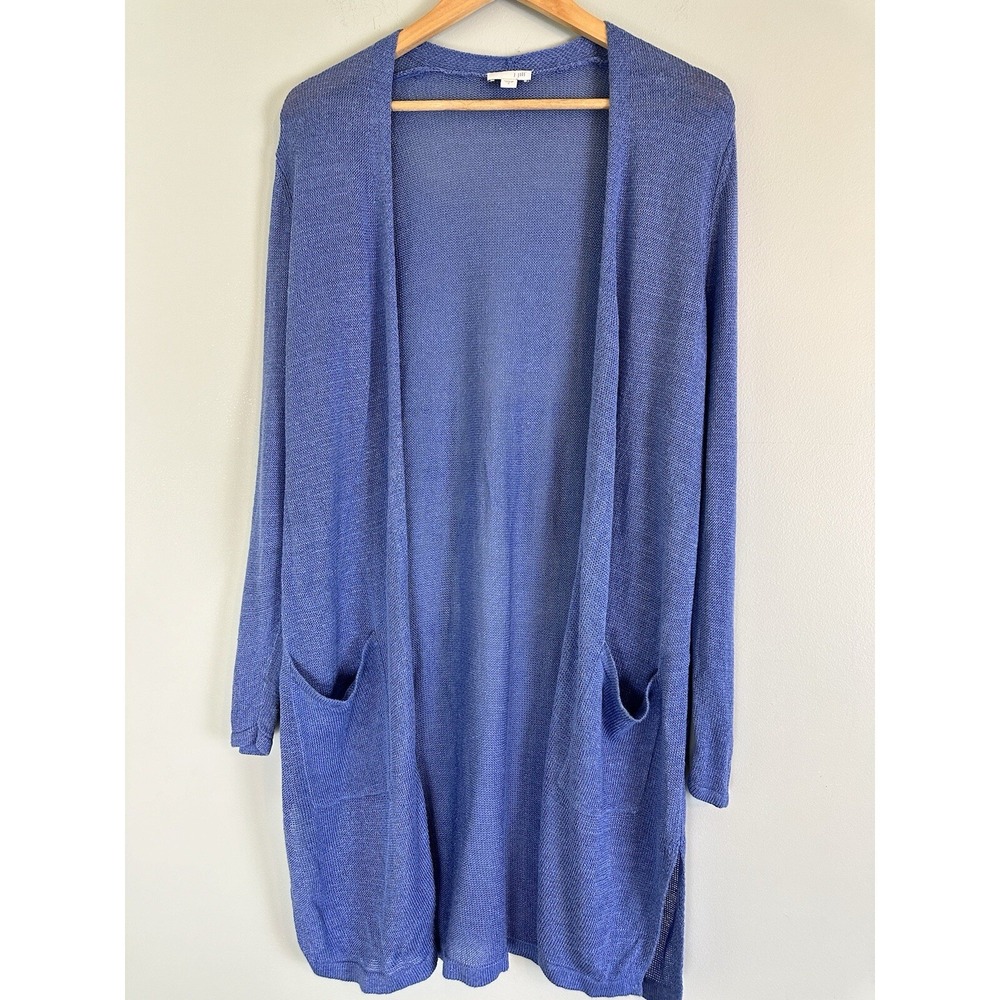 J Jill Linen Blend Long Open Front Cardigan Pockets Small Beachy Cozychic Boho